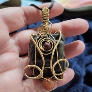 Tourmaline w/ Mookaite & Rabbit Hair Wire Wrapped Crystal Pendant
